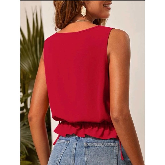 Red Drawstring Waist Ruffle Hem Top - Picture 5 of 6